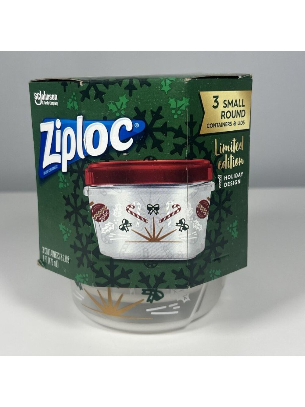 New Ziploc Holiday Design 3 Count 1-Pint Containers & Lids Candy Cane Ornaments